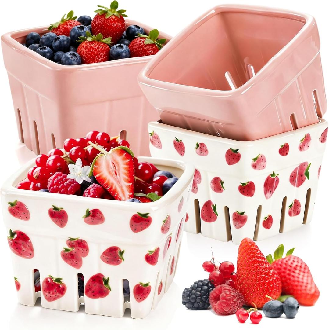 4 Pack Ceramic Berry Baskets, 4.6" Square Fruit Bowls with Holes, Pink & White Berry Containers for Fridge, Decorative Strawberry Grape Cherry Colander, Fruit Crate Holder for Gift Kitchen