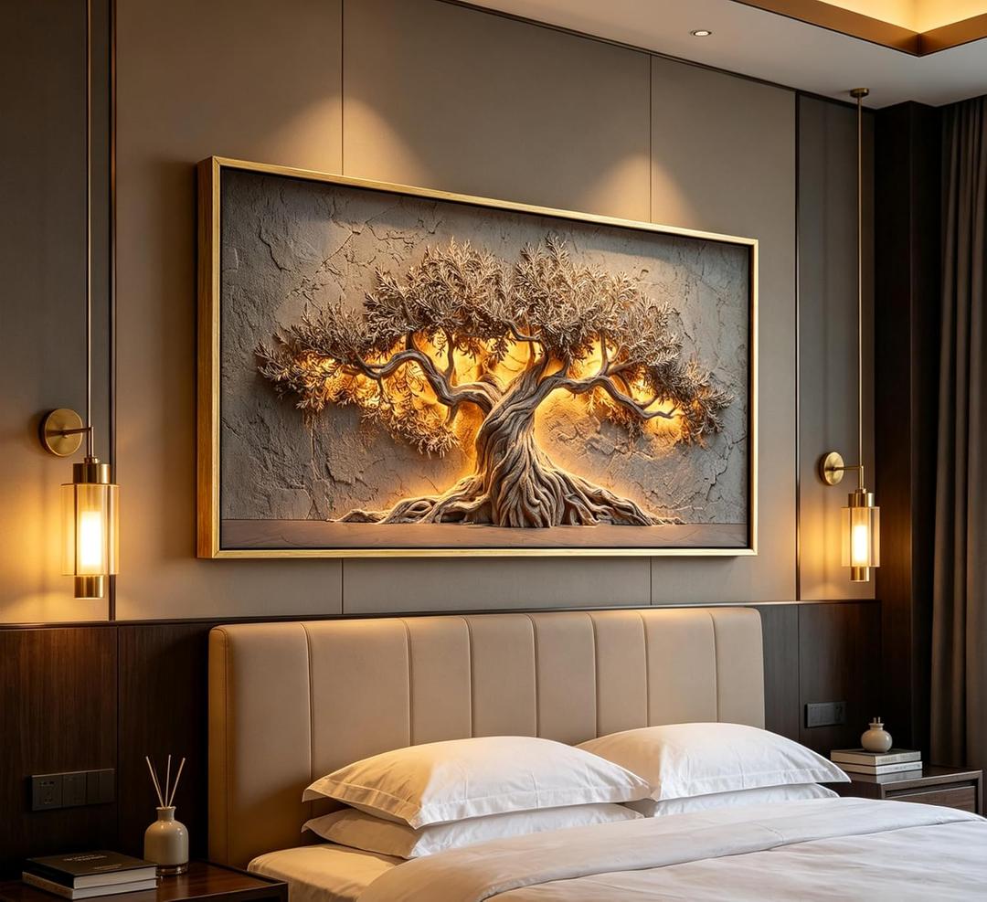 Framed Large Tree of Life Wall Art, Neutral Nature Big Tree Botanical Canvas Print Poster, Rustic Stone Wall Decor for Living Room Bedroom Hotel, Earth Tone,, 48"L x 24"W