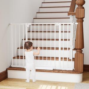 29.7-46" Baby Gate for Stairs with Banister Adapter Y-Spindle Rods, 30.5" Tall, Easy-Install Pressure Mounted Baby Gate for Doorways, Auto-Close Dog Gate Indoor for Child and Pets (White)