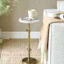 Adjustable-Height Marble Drink Table - 10x10x22-30, White Marble & Antique Brass, Modern Round End Table, Side Table with Pedestal Stand for Small Spaces, Vintage Metal Martini Cocktail Accent, 10-INCH WIDE TOP