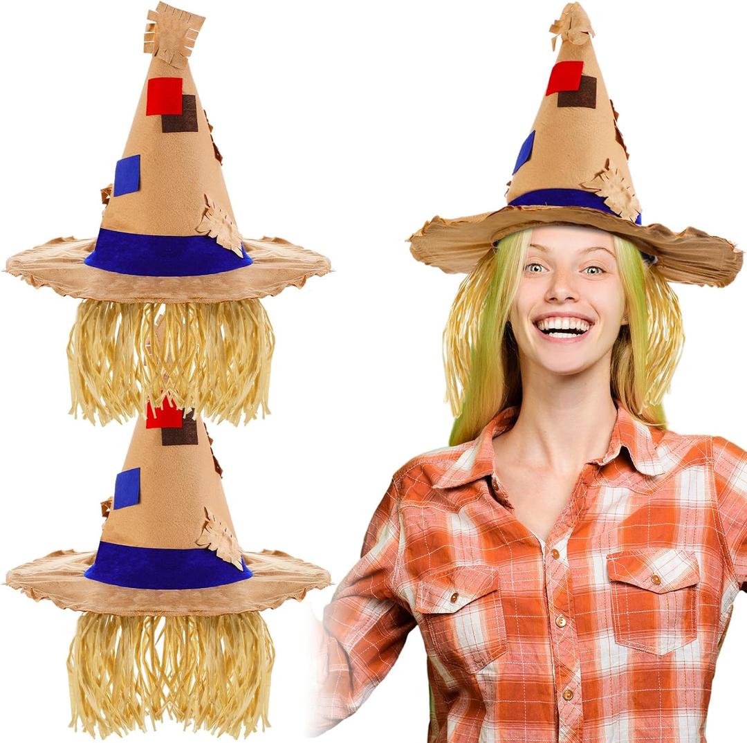 2 Pcs Thanksgiving Scarecrow Hats with Raffia Straw Hair Thanksgiving Scarecrow Hat Costume Accessories for Adult Women Men Cosplay