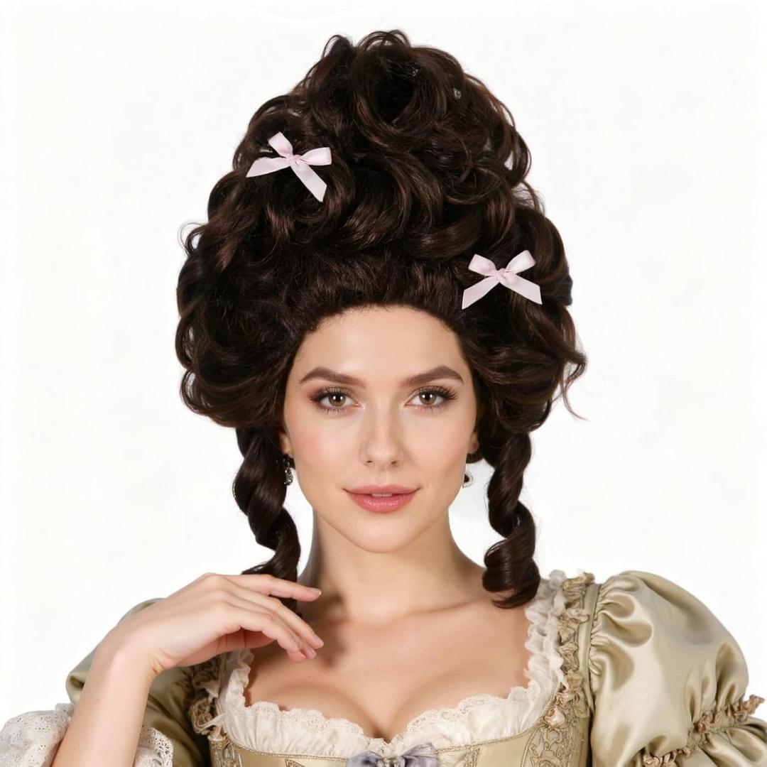 Brown Colonial Victorian Wigs for Women with 2 Bow Clips Fluffy Baroque Renaissance Vintage Wig Rococo Wig Costume Outfit for Halloween Cosplay Party + Hair Cap