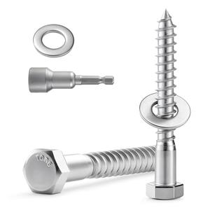 BNUOK 8 Sets 3/8" x 3" Hex Head Lag Screws Bolts with Flat Washers 304 Stainless Steel 18-8 Heavy Duty Lag Screw for Wood, Driver Bit Included
