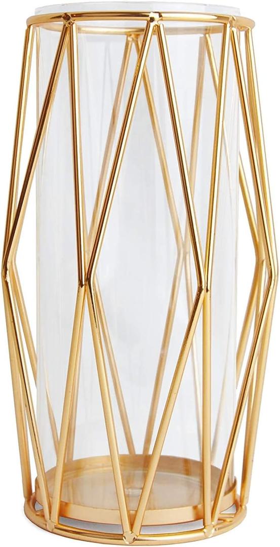 Gold Vase Decorations for Living Room Glass Vase with Metal Rack Stand, Home Decor Flower Vase as Wedding Home Office Centerpiece (Small(22cm))