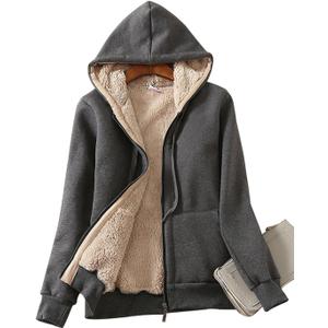 Yeokou Women's Casual Full Zip Up Sherpa Lined Hoodie Sweatshirt Jacket Coat (Gray, L)