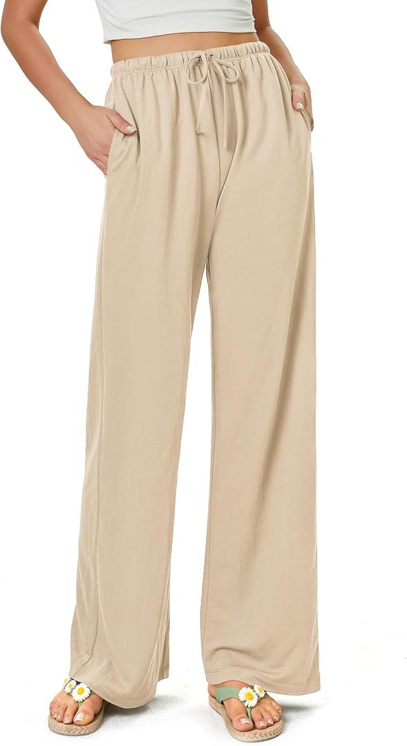 keriffe Summer Outfits Flowy Palazzo Pants for Women High Waisted Wide Leg Beach Casual Vacation Pants Trousers Pockets