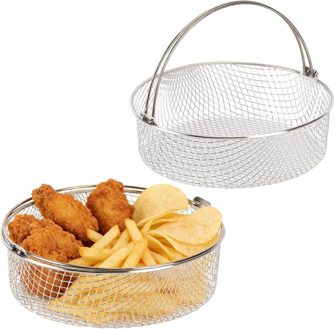 Air Fryer Basket, 2pcs 8 Inch Air Fryer Accessory Mesh Basket With Handle,6-8 Qt Round Stainles Steel For Instant Pot, Oven, Steamer