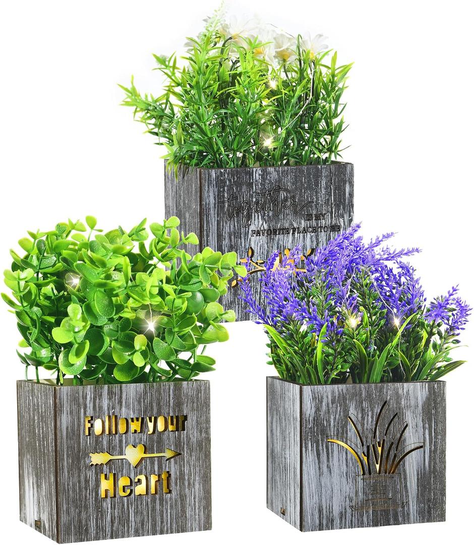 Fake Plants Artificial Eucalyptus Potted Plant with LED Lights 3Pcs Fake Plants in Pot for Home Decor Faux Lavender Plants and Flower Indoor in Wooden Box Pots