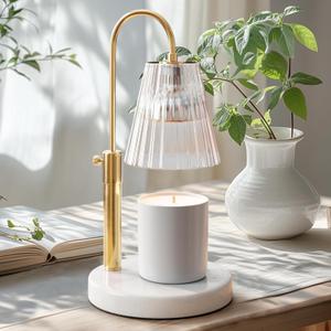 Flameless Candle Warmer Lamp for Jar Candles Large & Small  Dimmable Lamp Candle Warmer Electric with Large Marble Base & Adjustable Height  Candle Melter with Timer and 4 Halogen Light Bulbs (White)