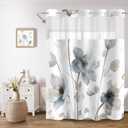 No Hook Shower Curtain and Liner Set, Blue and Grey Boho Floral Shower Curtains for Bathroom, Watercolor Flower Waterproof Bathroom Curtain Sets with Snap in Liner, 71x74 Inch