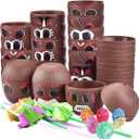 24 Pack Coconut Cups with 24 Straws 24 Cocktail Drink Picks and 24 stickers, DIY Tropical Hawaiian Luau Tiki and Beach Party Decorations for Kids and Adults