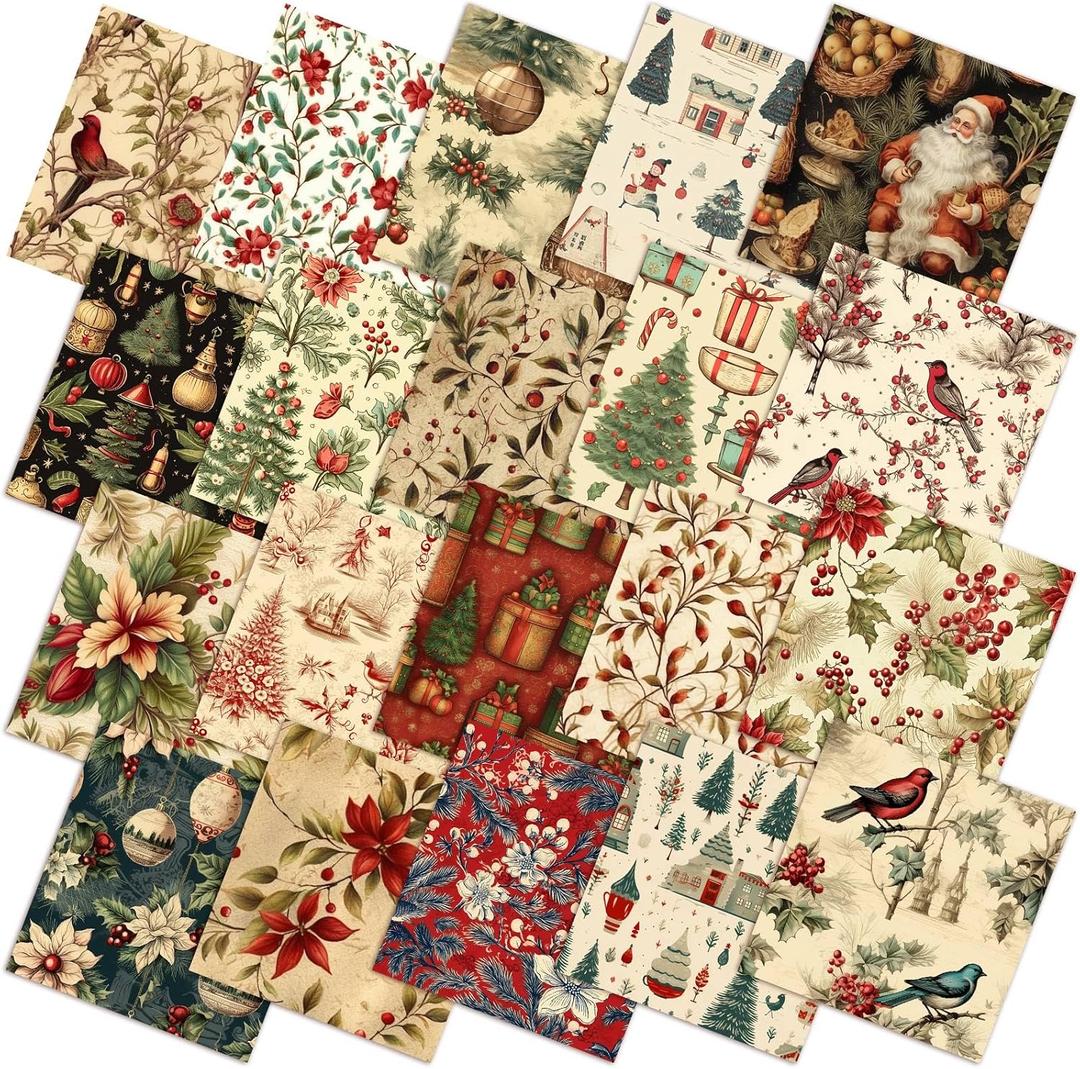 60 Pcs 10 x 10 Inch Vintage Christmas Quilting Fabric Rustic Christmas Fat Squares Patchwork Precut Strips Santa Claus Red Cardinal Fabric Bundles for Xmas Quilting Crafting DIY Craft Sewing