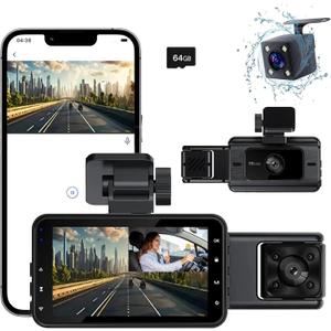 Dash Cam3 Channel Dash Cam Front and Rear Inside, 1080P Full HD Dash Camera for Cars, Free 64GB SD Card, 3IPS Screen, Night Vision, 170Wide Angle, WDR, 24H Parking Mode