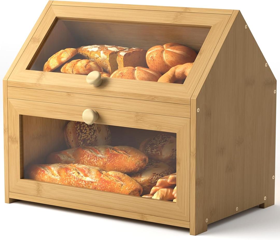 Bamboo Bread Box and Bread Storage Solution, Vintage Bread Box for Kitchen Countertop, Large Durable Wood Color Double Layer Bamboo Breadbox, Space Saving Design for Kitchen Organization