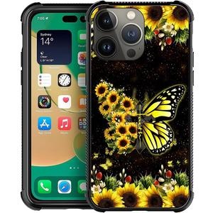 Compatible with iPhone 14 Pro Case Reinforced Four Corner Shock-Absorbing Anti Slip Soft TPU Frame Case Compatible with iPhone 14 Pro 6.1inch for Girls/Women Pattern Sunflower Butterfly