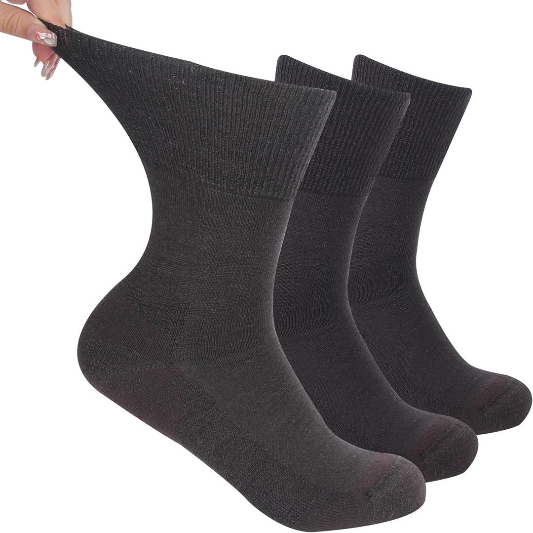 Facool Diabetic Socks for Men Women, Merino Wool Non-Binding Top Crew Socks with Cushion Sole, Seamless Toe 3 Pairs (Medium, Brown X 3)