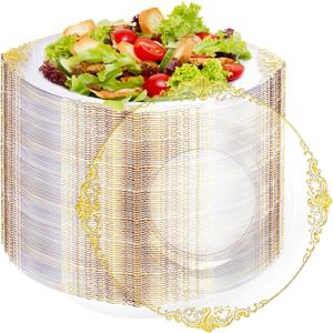 100PCS Clear Gold Plastic Bowls - 12 oz Clear Disposable Salad Bowls - Heavy Duty Disposable Soup Bowl - Fancy Plastic Ice Cream Bowl for Weddings, Parties, Dinners, Picnics,