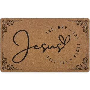 Christian Door Mat, Jesus The Way Doormat, Bible Verse Welcome Front Door Mat Indoor Outdoor Entrance, Farmhouse Scripture Artificial Coir Doormats Rugs for Patio Entry Home Decor, 30x17in