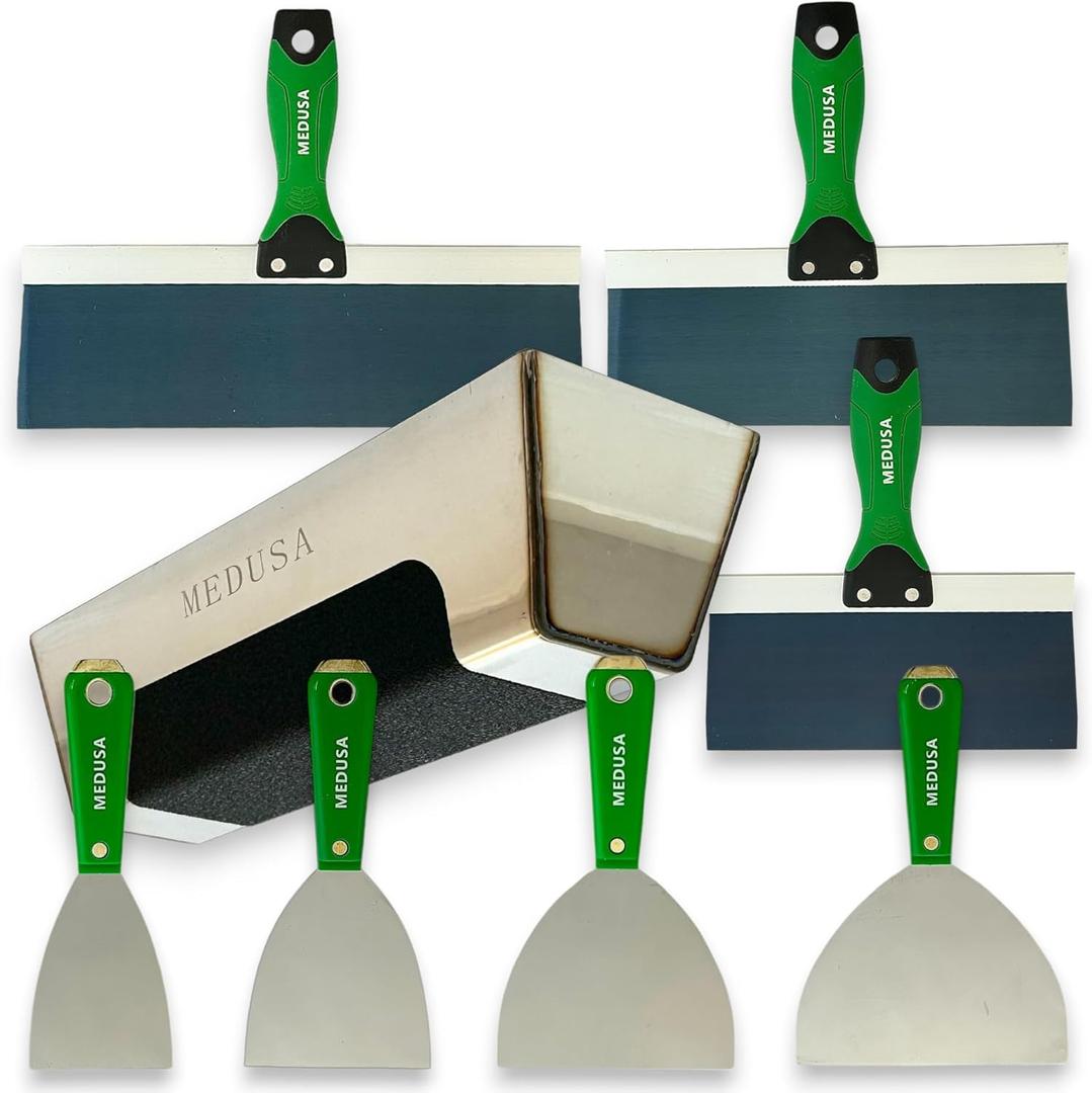 Medusa's Carbon and Blue Steel Drywall Taping Knife set with S.S. 12" Mud Pan And Grip: Classic Style Light Handles with Strong Flexible Blades, Note to Beginners All blades will Rust, watch video