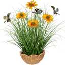 Artificial Plants Indoor with Pot, 17.3" Fake Potted Plants Artificial Onion Grass Plant with White Daisies Flowers and Butterflies Small Faux Plant Indoor for Home Living Room Table Shelf Decor