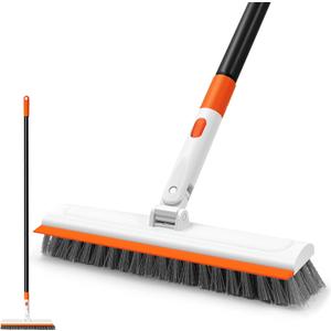 NEWE Floor Scrub Brush with Long Handle, 2 in 1 Stiff Bristles Scrubber Mop with Squeegee for Cleaning Deck Tile Tub Garage Patio Wall Sink Bathroom Kitchen