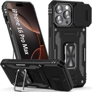 Case for i Phone 16 Pro Max Phone Case 16 Pro Max Case with Camera Cover, with Ring Holder Kickstand, with Magnet Car Mount Function, for iPhone 16 Pro Max (Black)