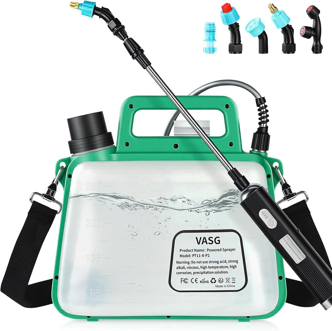Battery Powered Sprayer 2 Gallon, 7.4V Foldable Electric Pump Sprayer, Weed Sprayer with Waterproof Rechargeable Handle, 5 Mist Nozzles, Retractable Wand, Adjustable Strap for Lawn, Garden, Yard