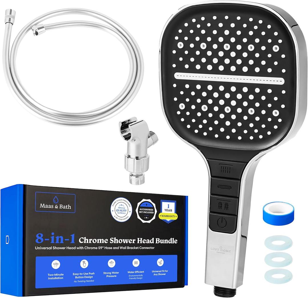 Maas & Bath 8-in-1 Chrome Shower Head - Handheld ShowerHead, Hose & Bracket Kit with 8 Customizable Spray Button Settings, High Water Pressure Square ShowerHead with Water Saving Design