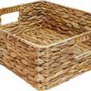 Rectangular Water Hyacinth Storage Baskets, Wicker Storage Baskets for Shelves, Square Shallow Basket, Woven Drawer Basket With Handle, 13 L x 10.6 W x 4.5 H