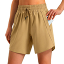 Ksmien Women's 5"/ 7" Athletic Running Shorts Quick Dry Lightweight Workout Gym Shorts with Zipper Pockets UPF 50+ (Beige, L)