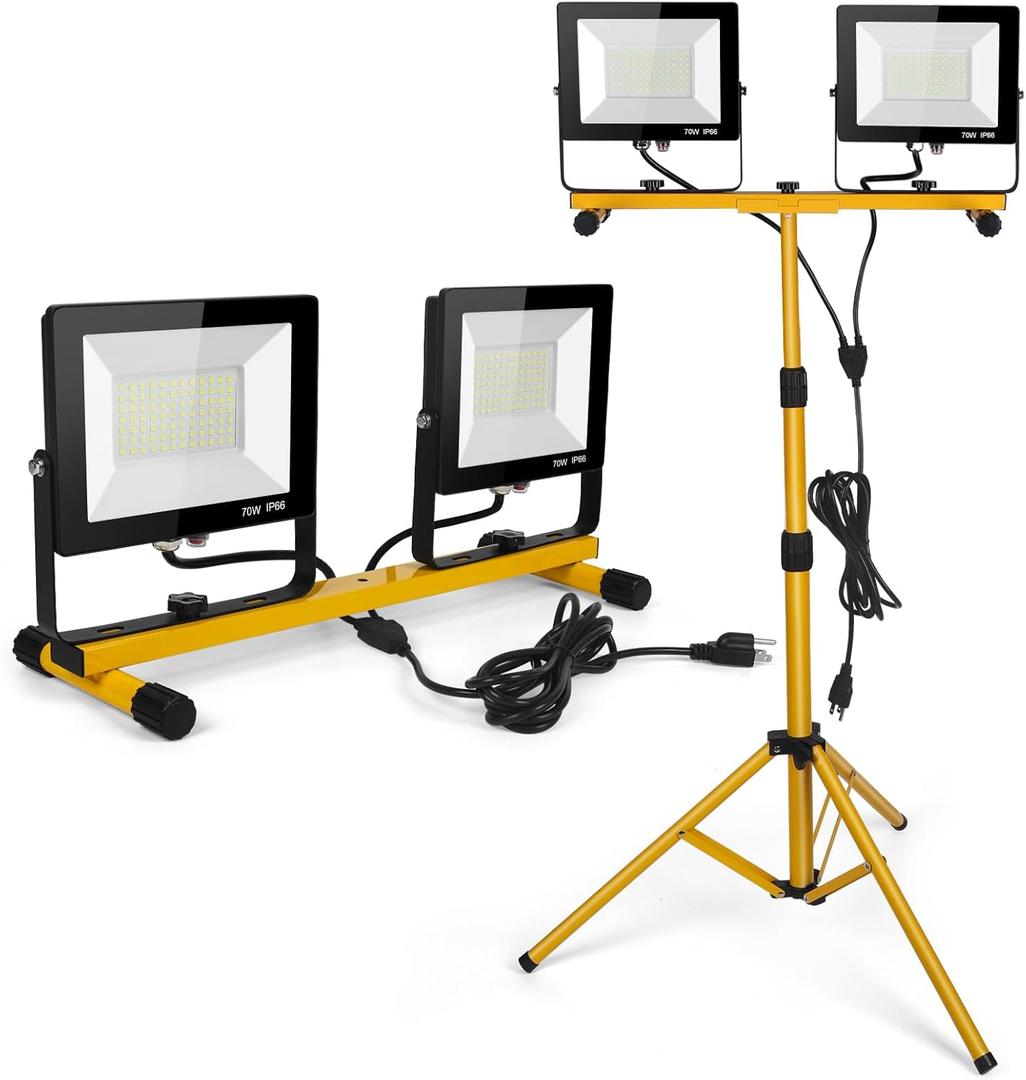 LED Work Lights with Stand, 21000 Lumen, 2-Head Adjustable Work Light, Waterproof Foldable Tripod, 6,500 Kelvin, Extended Cord for Outdoor & Indoor Job Sites, Workshops, Construction, Garage Lighting