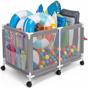 Extra Large Swimming Pool Storage Organizer Upgraded 280-Gallon Rolling Bin with Wheels Side Pockets Float Noodles Holder Mesh Cart for Pool Toys Swim Rings, 
Product Dimensions	69"L x 33"W x 35"H
Item Weight	4.76 kg