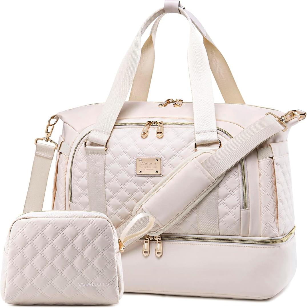 Weitars Gym Bag For Women,Travel Duffel Bag Weekender Bag,Sport Bag With Shoes Compartment And Wet Pocket,Large Carry On Bag Overnight Hospital Bag For Travel,Shopping (Beige)
