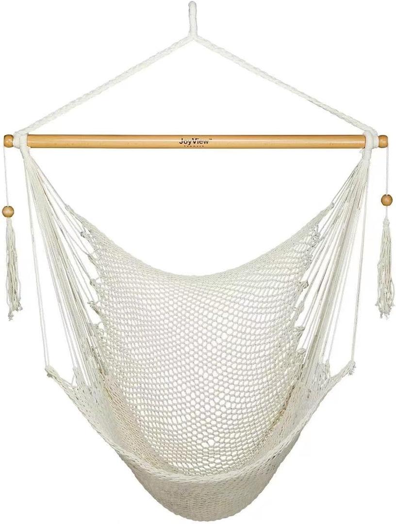 JoyView Hammock Chair with Spreader Bar Caribbean Hammock Swing Chair 300 LBS Weight Capacity XL Rope Hanging Chair for Outdoor Indoor Garden Yard - Natural White