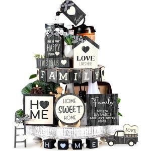 Mifoci 18 Pcs Farmhouse Tiered Tray Decor Home Wooden Signs Rustic Home Tiered Tray Decorations Sweet Vintage House Tabletop Table Centerpiece Black White Block for Kitchen Table Housewarming