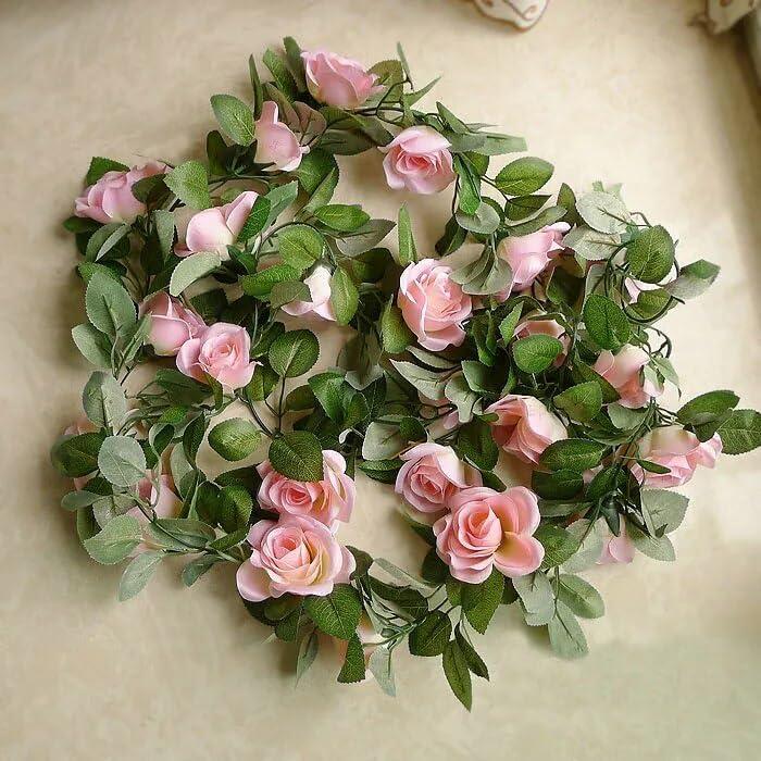 EdricShop 90cm Artificial Silk Rose Garland Fake Flower Ivy Vine Leaf Garland Plants 2 Bunches for Home Decor Wedding Arch Flowers - (Color: Pink)