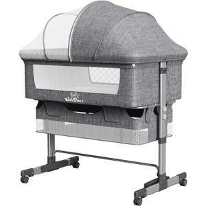 Portable Baby Bassinet with Adjustable Height, Breathable Mesh, Removable Canopy, Compact Design for Nursery and Travel, ASTM Certified, Newborn to Toddler (Light Grey)