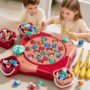 Magnetic Fishing Game for Kids Toddlers Ages 1-3 3-5 5-7, Fish Toy Board Game for Kids 3 4 5 6 7 8 Years Old, 70 Pcs Fishing Table Toys Fish Catch Game Birthday Gifts for Boys Girls, Pink
