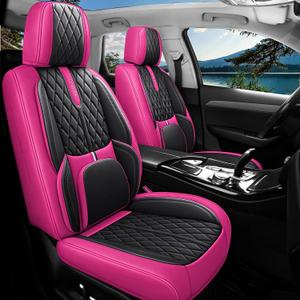 Comfortable Leather Auto Car Seat Covers Front & Rear Seat Protector Fit Sedan SUV 5 Seats Full Set Universal Fit (Black & Rose)