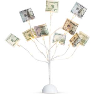 CraftyCrocodile LED GiftCard Tree Holder - Metal Display Stand with 10 Flexible Clips for Photos, Money, Lottery Tickets, Cards & Notes - 25 Warm Lights