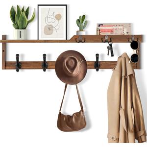 29'' Coat Rack Wall Mount with Shelf, Coat Hanger Wall Mount with Key Hooks and Mail Holder, Wood Entryway Floating Shelf with Hooks and Storage, Hat Rack for Wall Key Holder Mail Organizer (29 Inch Long, Brown)