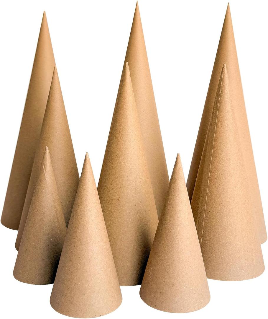 9 Pcs Paper Mache Cones Open Bottom 13.8x5 in, 10x4 in, 5.9x2.75 in, Extra Thick Cardboard Cones for Crafts Paper Cones for Christmas Valentine Gnomes Christmas Tree DIY Projects and Decorations (Set of 9pcs, 3 Sizes, Brown)