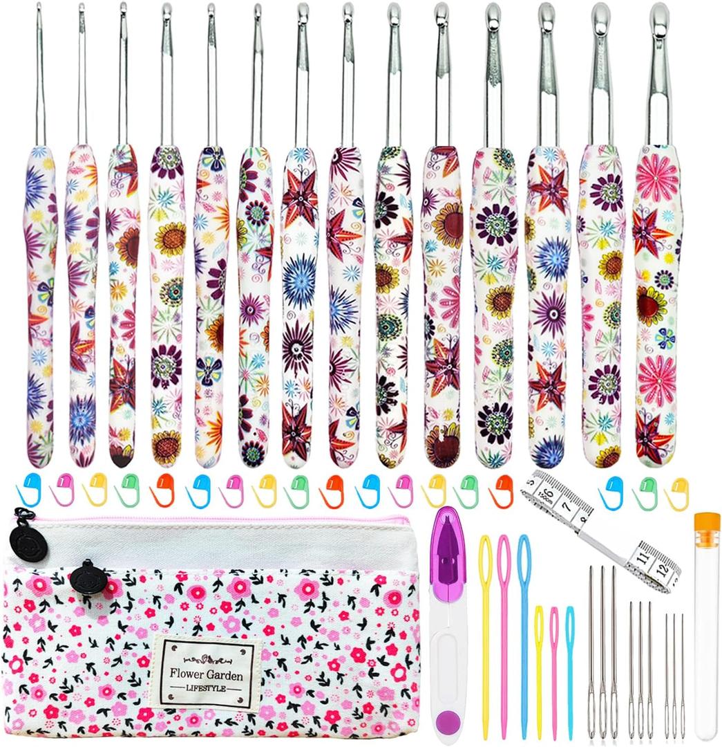 14 Sizes Crochet Hooks Set,2.25mm(B)-10mm(N) Ergonomic Handle Crochet Hook for Arthritic Hands,Long Crochet Needles Set with Case for Beginners and Enthusiasts