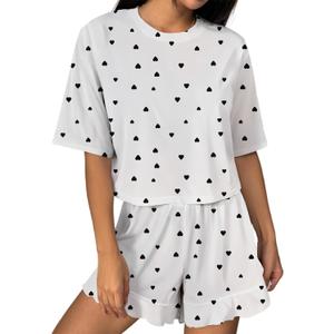 Hilinker Women Cute Pajama Sets Short Sleeve Crop Tops and Shorts Sleepwear 2 Piece Lounge Set White Black Heart Small