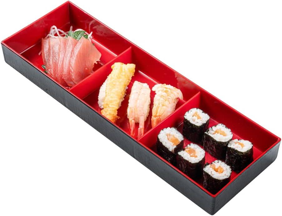 Restaurantware-14 x 4.6 x 2.4 Inch Compartment Lunch Container, 1 Japanese Style Adult Lunch Container - With 3 Compartments, Greaseproof, Black & Red Plastic Divided Meal Box, For Hot & Cold Food