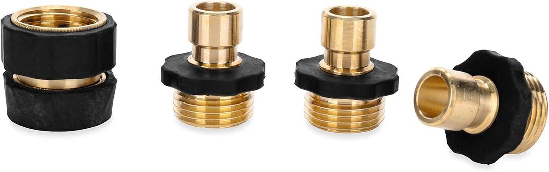 Camco 5/8" Brass and Steel Quick Hose Disconnect - Connect and Disconnect Between Multiple Hose Attachments | Automatic Shut-Off When Disconnected | 1 Female & 3 Male Fittings - 4 Count - (20136)