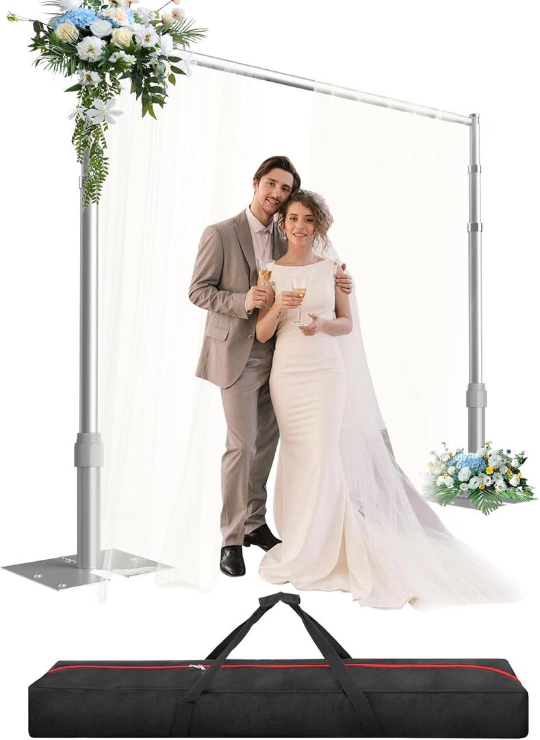 Pipe and Drape Backdrop Stand Kit, Heavy Duty Backdrop Stand 8.6ftx10ft, Adjustable Background Stand for Photography, Wedding, Party, Events Decoration (Sliver)