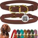BronzeDog Rolled Leather Dog Collar with QR ID Tag, Adjustable Soft Round Collars for Small Medium Large Dogs Puppy (7" - 10" Neck Size, Cognac Brown)