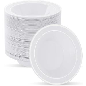 100pc Deep Bowl With White Background And Double Silver Edges, 12oz,Disposable Soup Bowls,Disposable Soup Dessert Salad Bowls for Wedding/Party/Catered Events (100Pack)