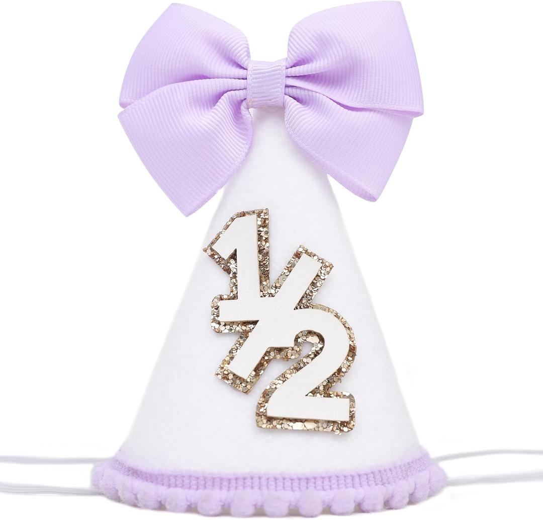 Purple Bow 1/2 Birthday Hat - Sweet 6 Months Birthday Party Decorations,Purple Cake Smash Cone Hat,Little Princess Bow Crown,Half Way to One Party Photo Props